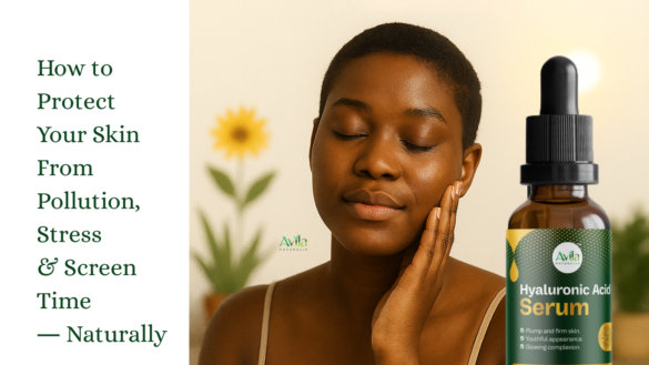 Skincare guide illustration showing natural ways to protect skin from pollution, stress, and screen time using herbs, antioxidants, and wellness practices.