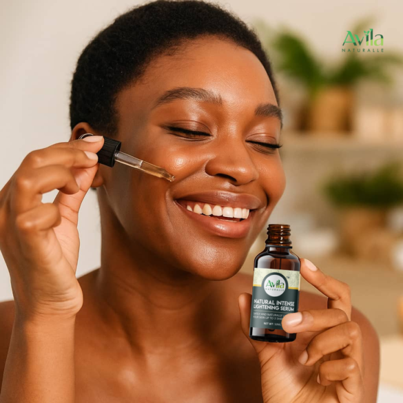 A smiling woman holding Avila Naturalle serum bottle, showcasing the benefits of natural oils in a skincare routine.