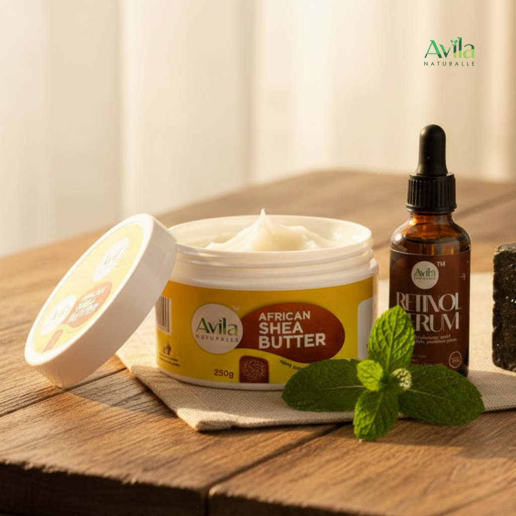 Natural Glow Boosters for Sensitive Skin, showcasing gentle natural ingredients like shea butter and retinol serum that calm and brighten delicate skin.