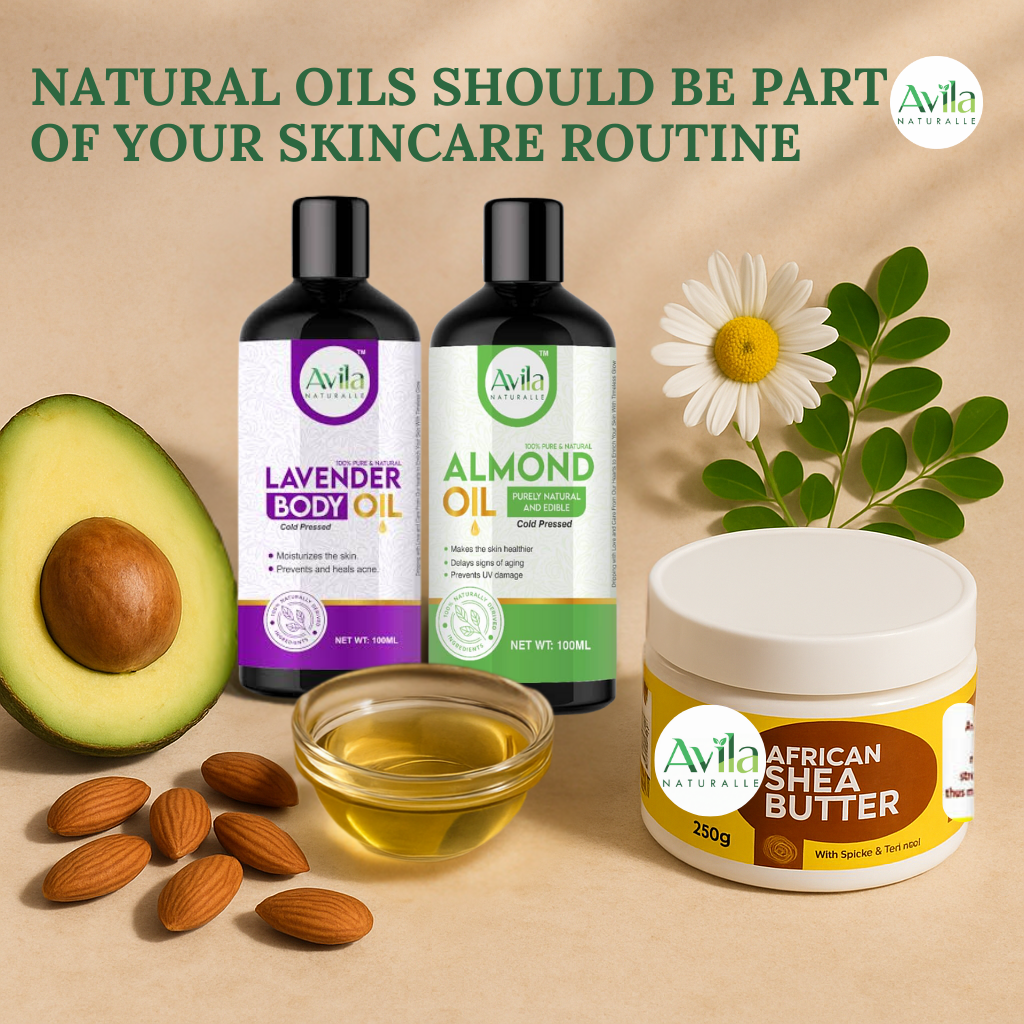 A flat lay of natural skincare oils in glass dropper bottles surrounded by fresh ingredients like avocado, almonds, chamomile flowers, and moringa leaves — highlighting the benefits of natural oils for glowing skin.
