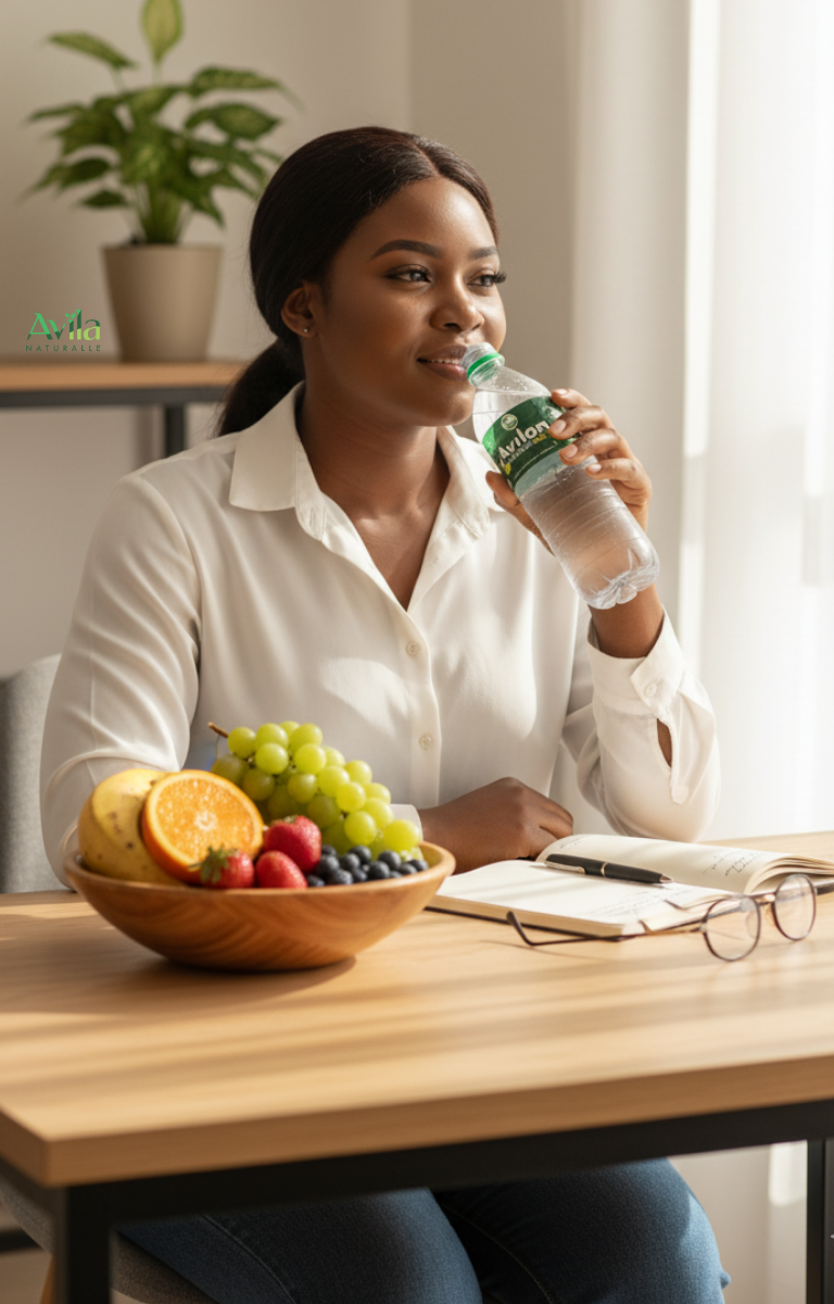 African woman drinking water and fruits as part of a healthy skincare lifestyle.