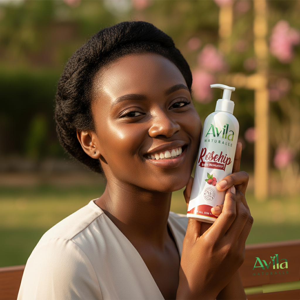 Smiling African woman with glowing, healthy skin holding Avila skincare product outdoors.