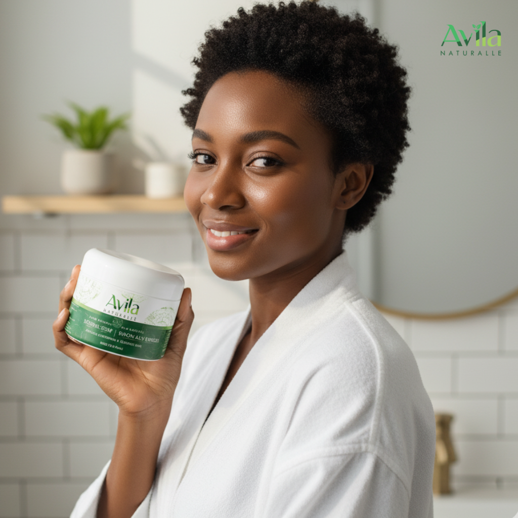 African woman with glowing natural skin using Avila skincare product.
