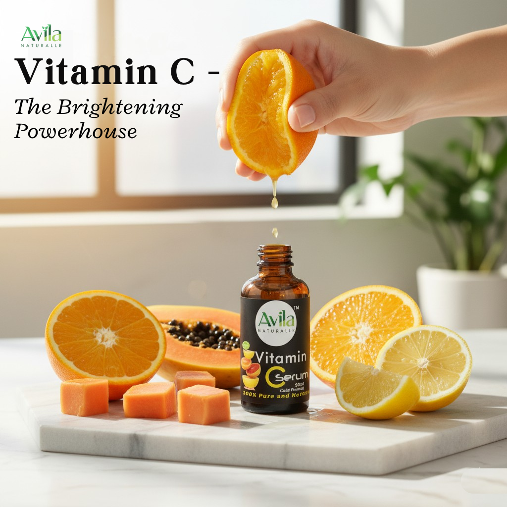 Oranges, lemons, and a Vitamin C serum bottle glowing under sunlight.