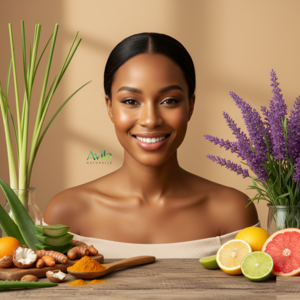 Smiling African woman with radiant, glowing skin surrounded by natural plants and skincare ingredients.