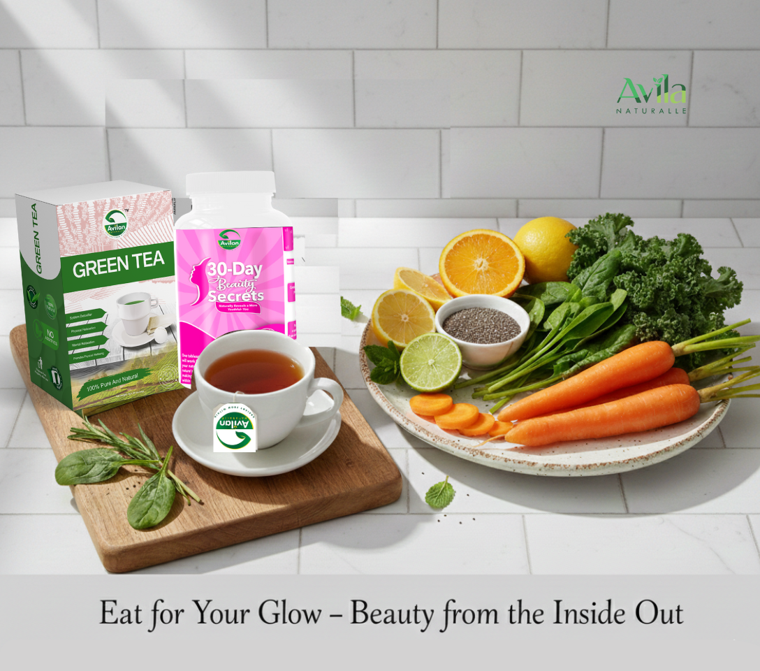 Healthy layout of fruits, vegetables, and avilan 100% natural teas that support glowing skin.