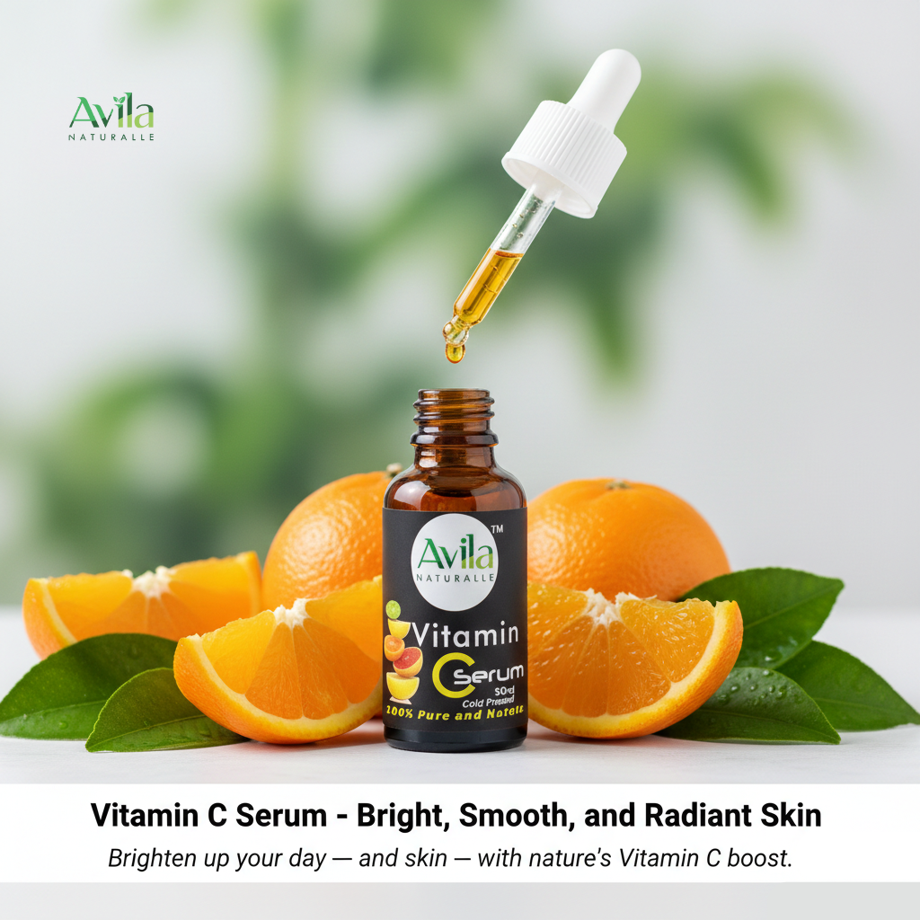 Vitamin C serum bottle surrounded by fresh orange slice for natural brightening.