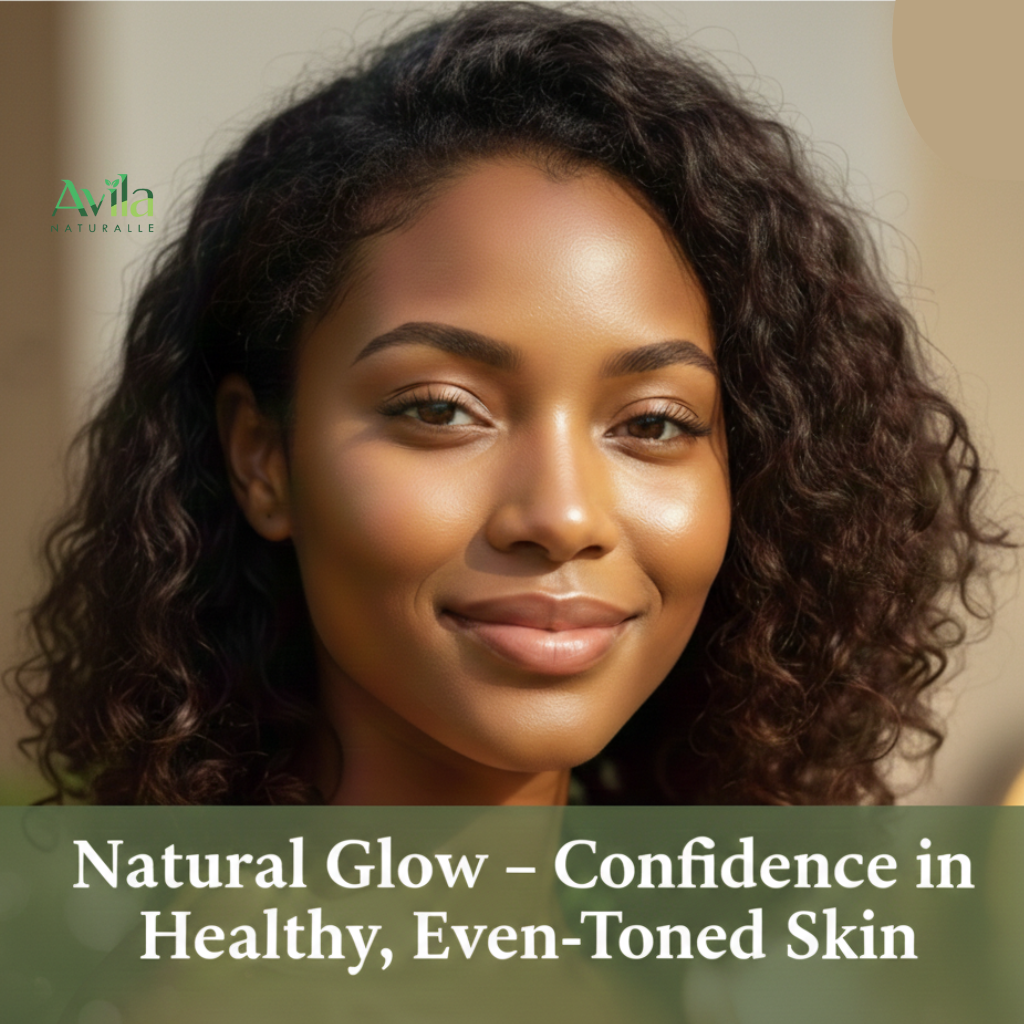 Beautiful African woman with glowing, even skin tone representing natural skincare results.